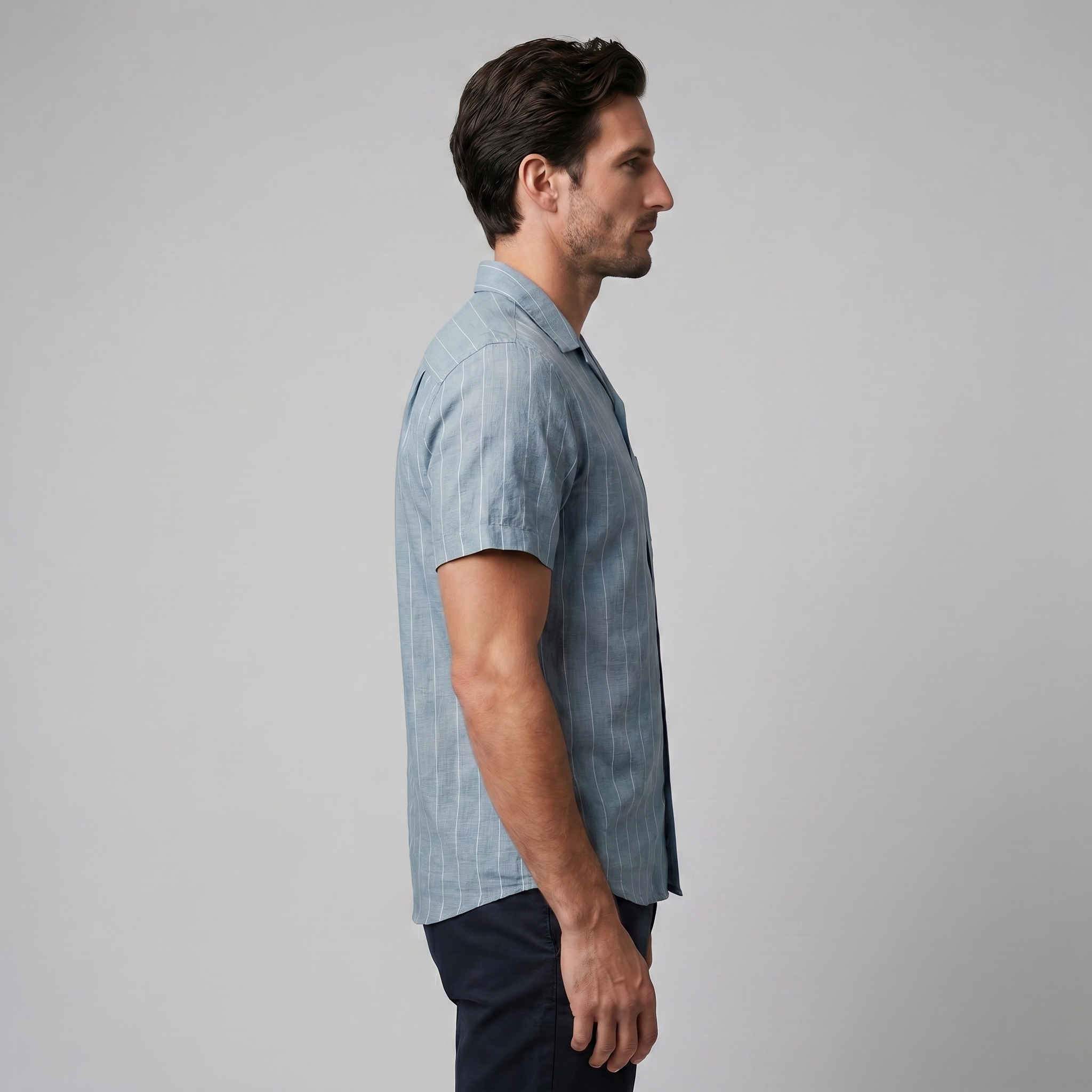 Men's Pinstripe Camp Shirt with Open Collar