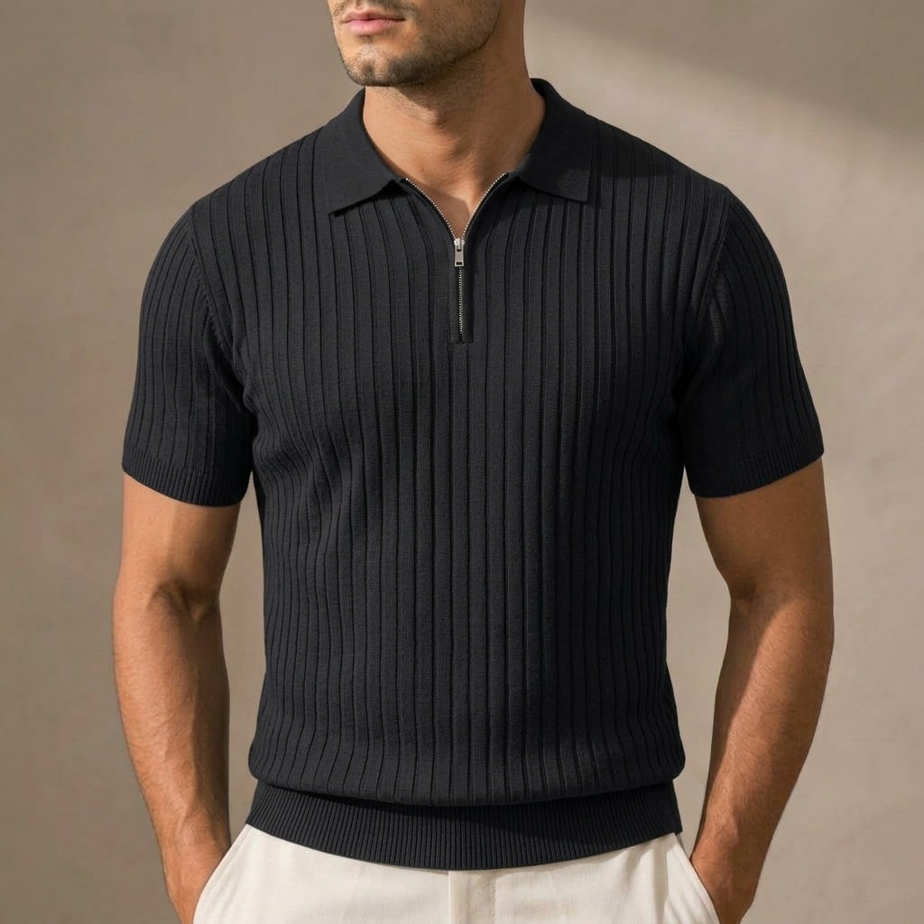 Men's Ribbed Knit Half-Zip Polo Shirt