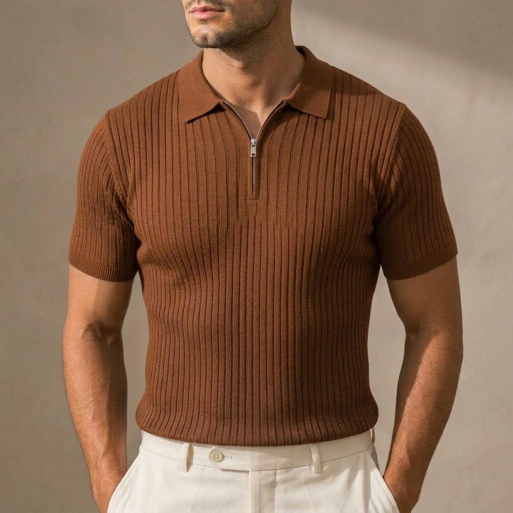 Men's Ribbed Knit Half-Zip Polo Shirt