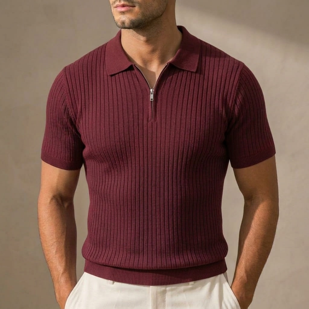 Men's Ribbed Knit Half-Zip Polo Shirt