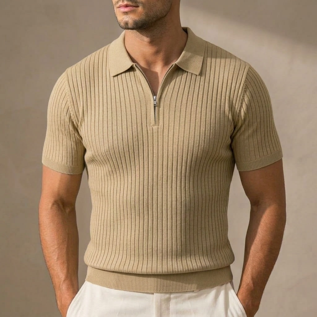 Men's Ribbed Knit Half-Zip Polo Shirt