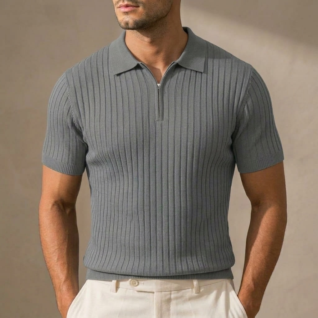Men's Ribbed Knit Half-Zip Polo Shirt