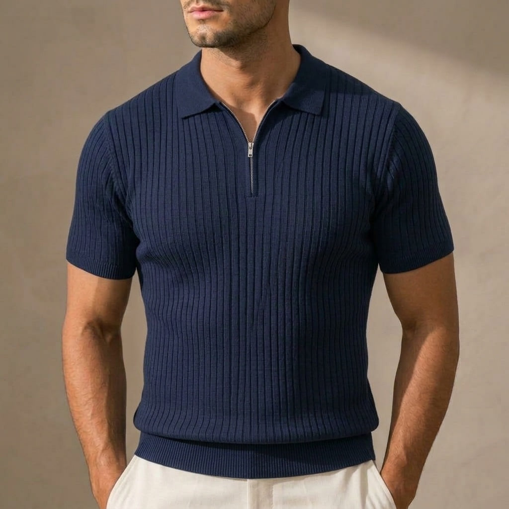 Men's Ribbed Knit Half-Zip Polo Shirt