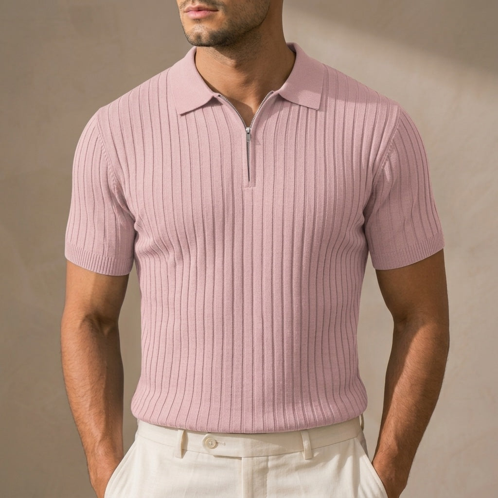 Men's Ribbed Knit Half-Zip Polo Shirt