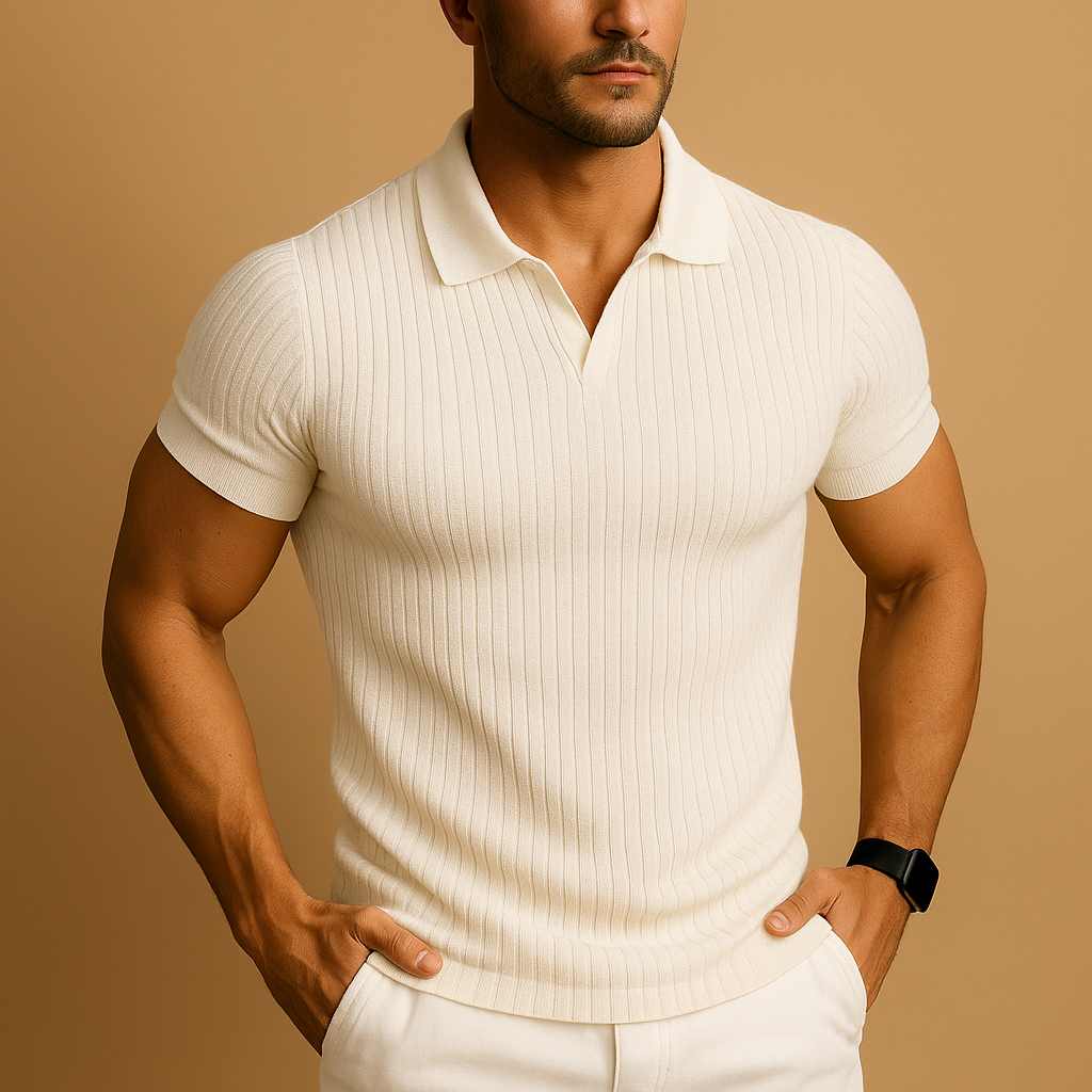 Men's Ribbed Knit V-Neck Polo Shirt