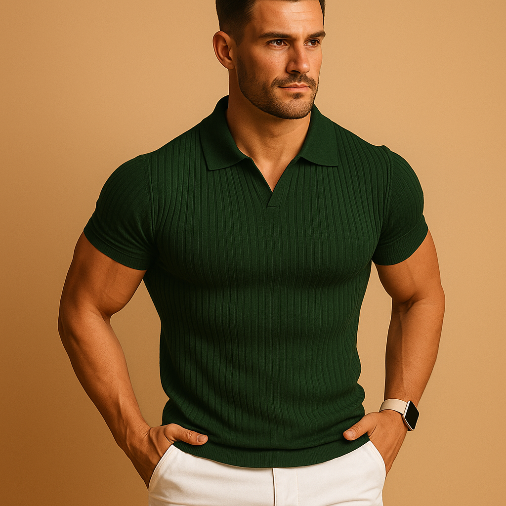 Men's Ribbed Knit V-Neck Polo Shirt