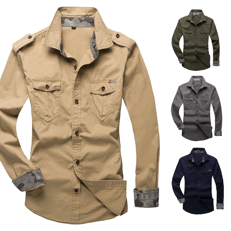 Men's Rugged Cotton Cargo-Style Button-Up Shirt