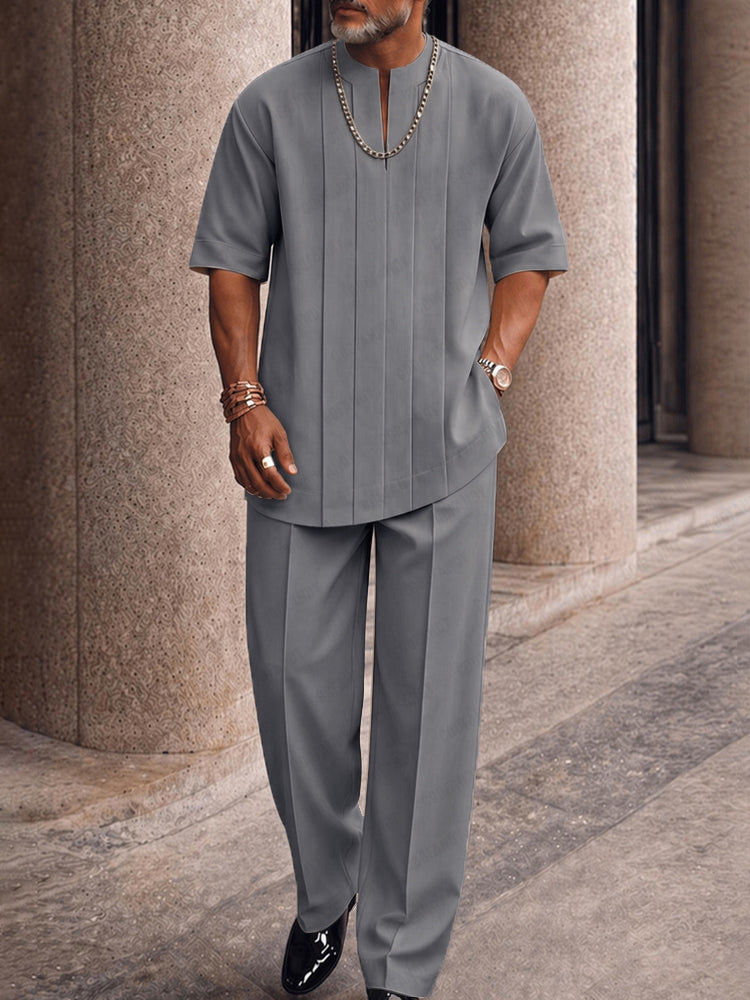 Men's Smart Casual Pleated Front T-Shirt Pants Set
