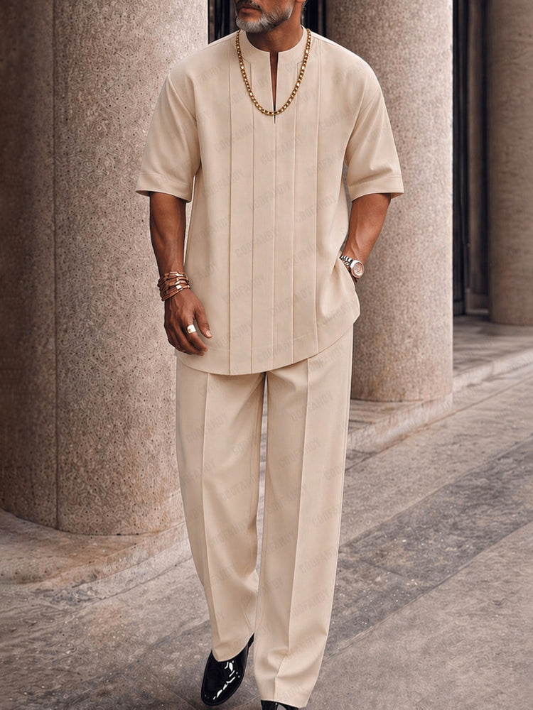 Men's Smart Casual Pleated Front T-Shirt Pants Set