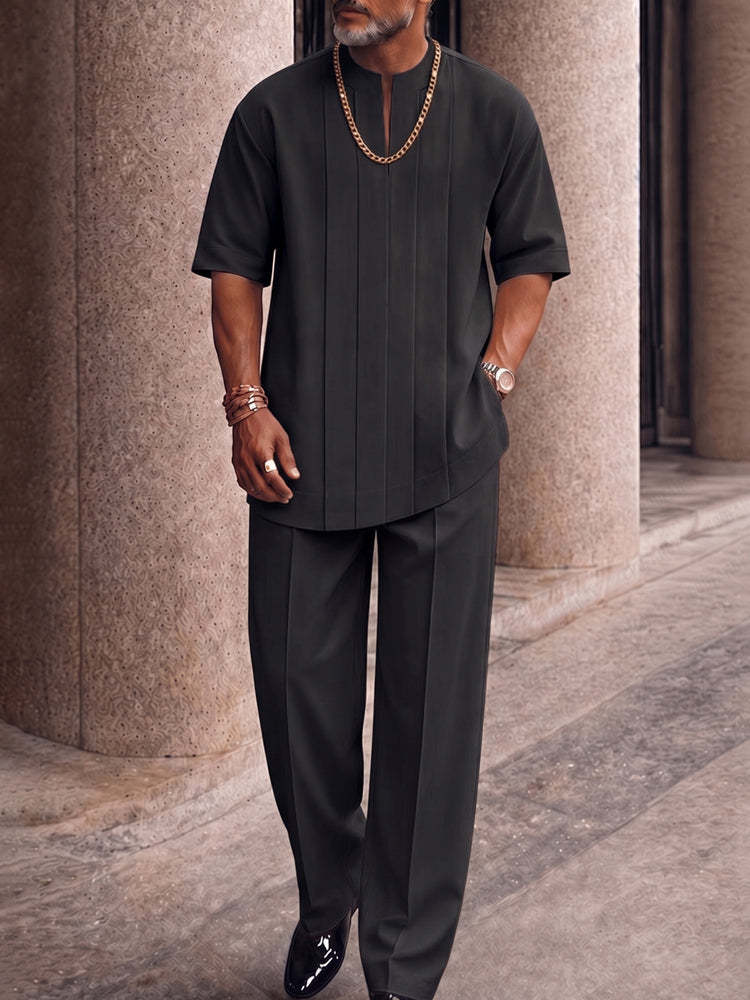 Men's Smart Casual Pleated Front T-Shirt Pants Set