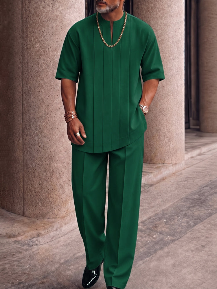 Men's Smart Casual Pleated Front T-Shirt Pants Set