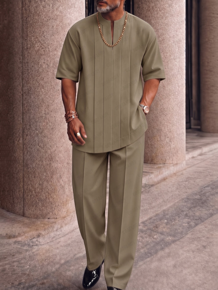 Men's Smart Casual Pleated Front T-Shirt Pants Set