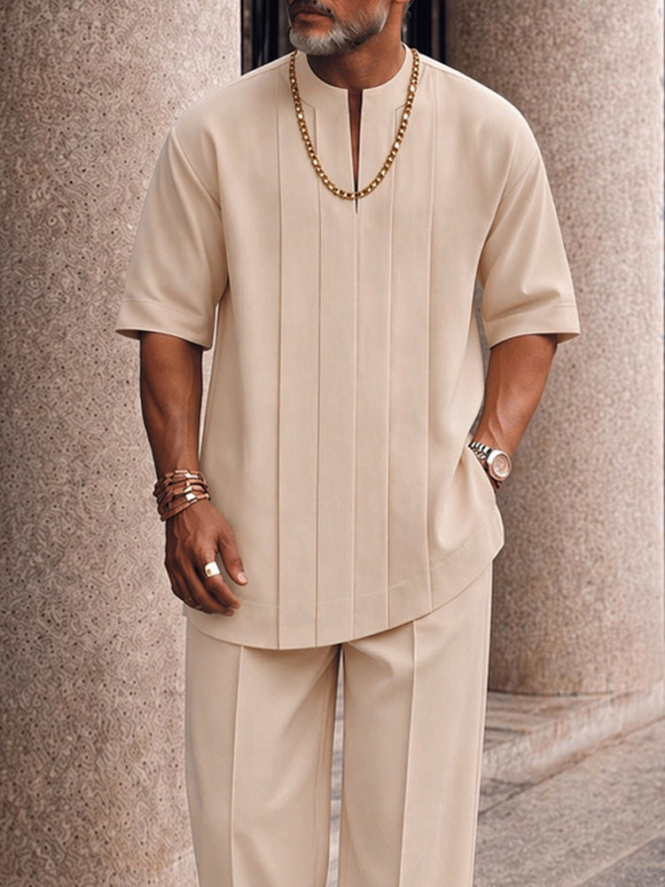 Men's Smart Casual Pleated Front T-Shirt Pants Set