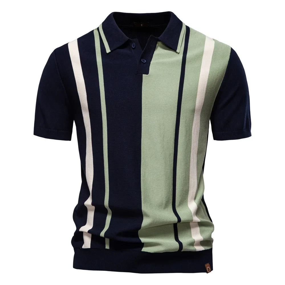 Men's Soft-Touch Stretch Knit Polo Shirt with Vertical Stripes
