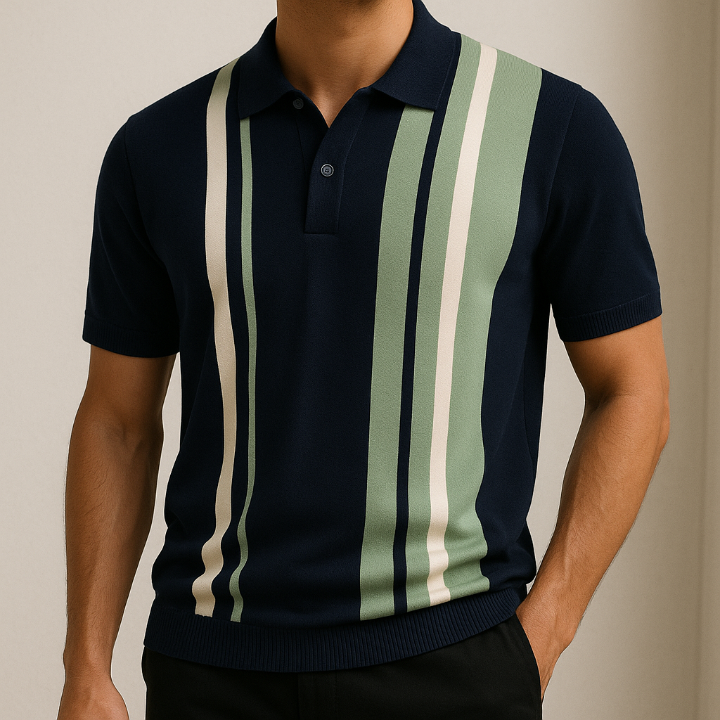 Men's Soft-Touch Stretch Knit Polo Shirt with Vertical Stripes