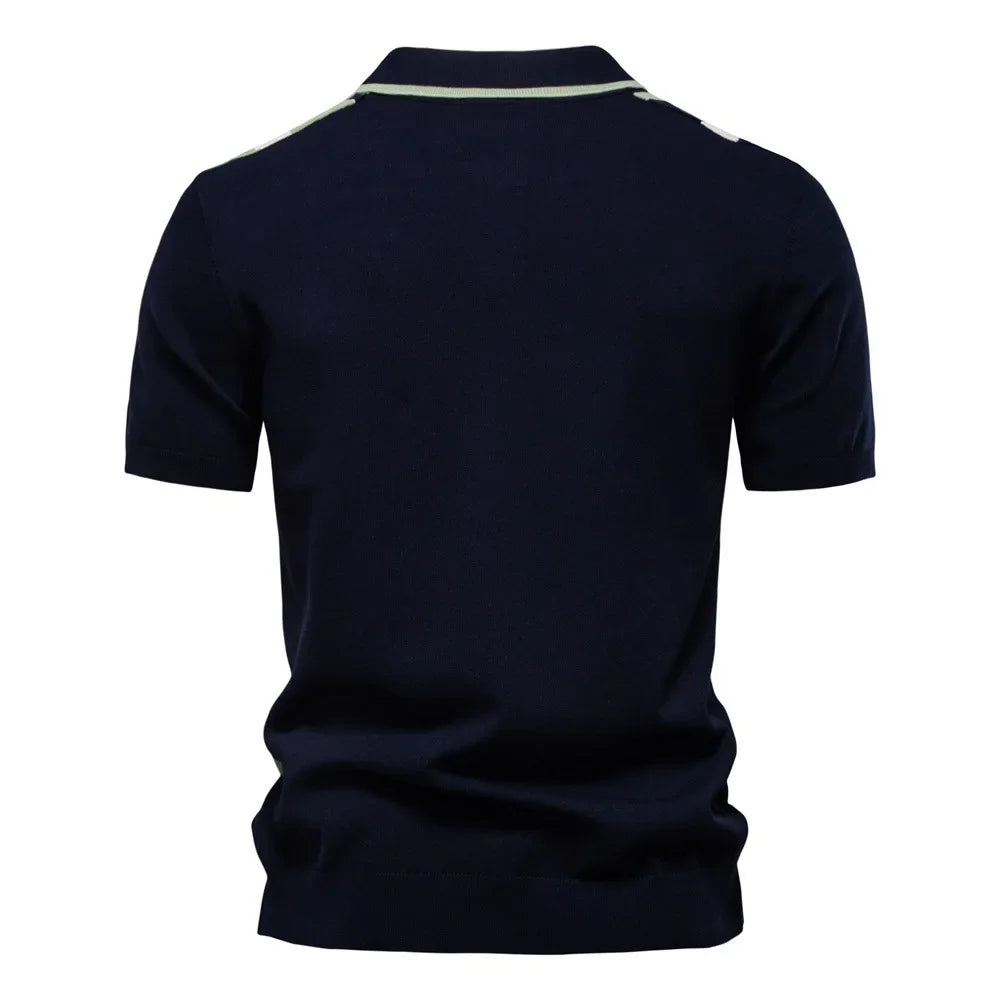 Men's Soft-Touch Stretch Knit Polo Shirt with Vertical Stripes