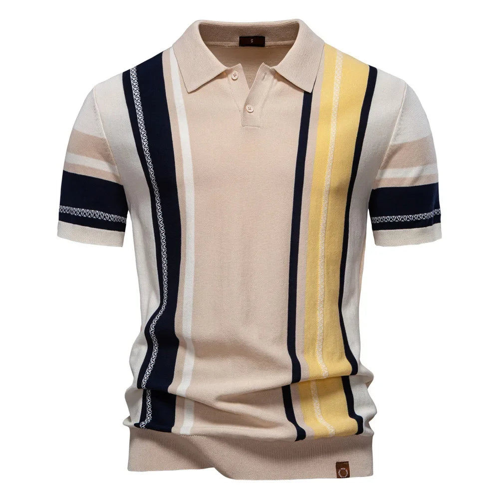Men's Soft-Touch Stretch Knit Polo Shirt with Vertical Stripes
