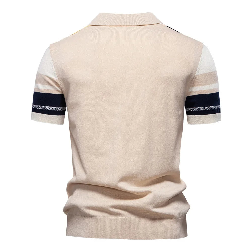Men's Soft-Touch Stretch Knit Polo Shirt with Vertical Stripes