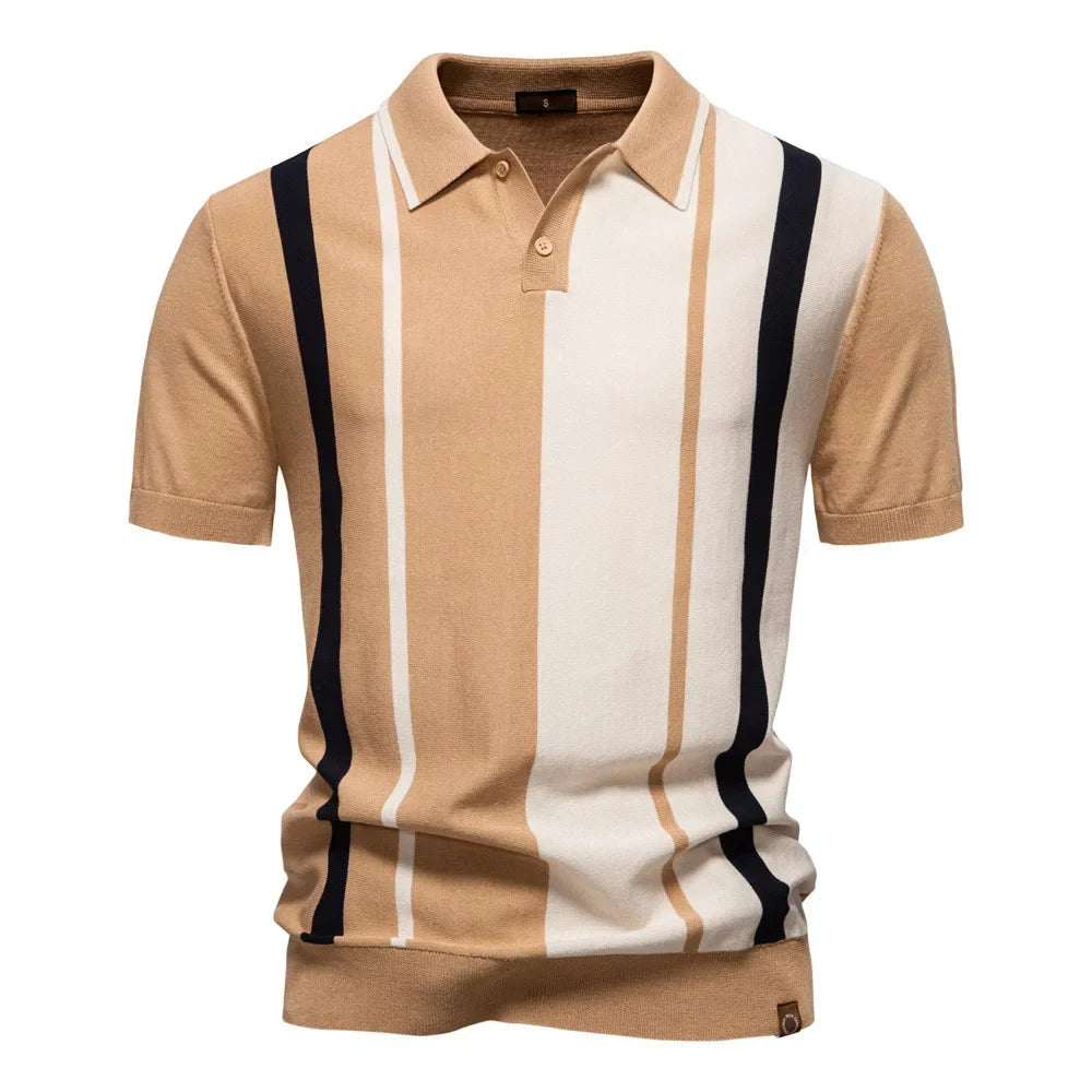Men's Soft-Touch Stretch Knit Polo Shirt with Vertical Stripes