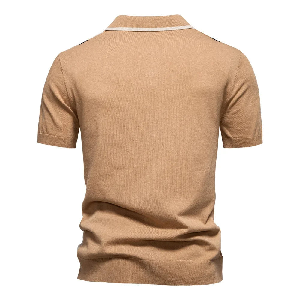 Men's Soft-Touch Stretch Knit Polo Shirt with Vertical Stripes