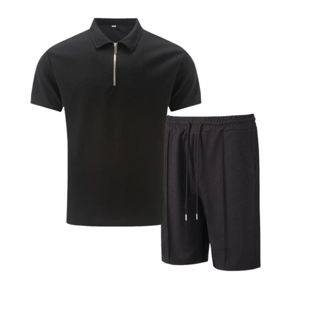 Men's Soft Blend Zip-Neck Polo Shirt and Drawstring Shorts Set
