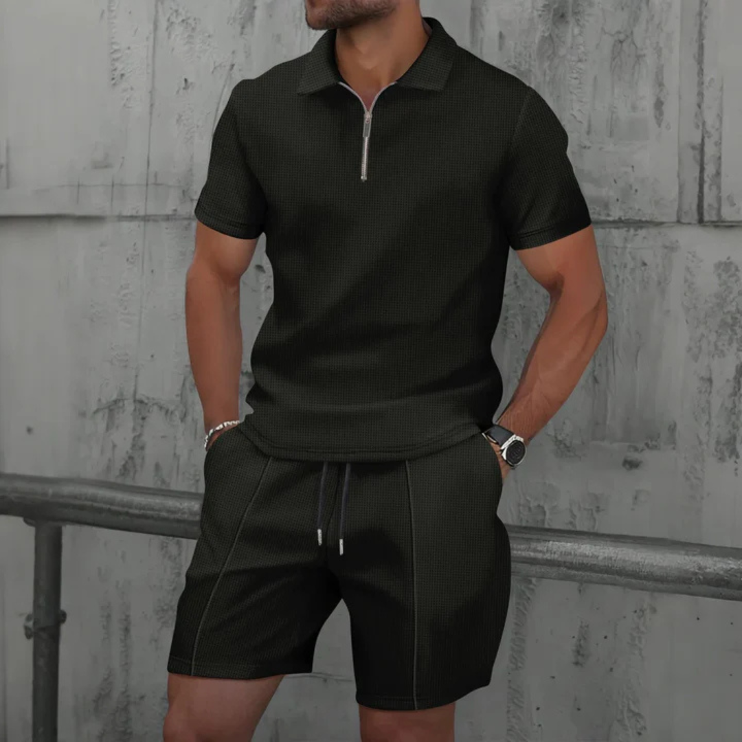 Men's Soft Blend Zip-Neck Polo Shirt and Drawstring Shorts Set