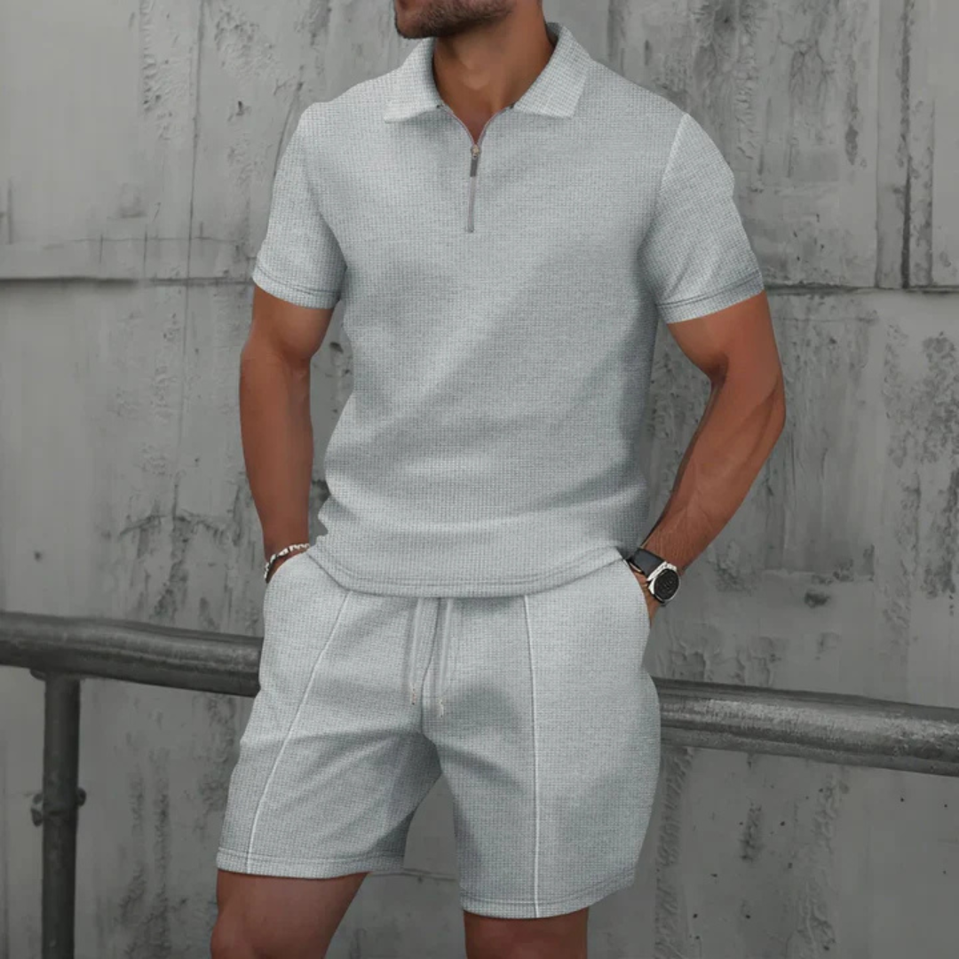 Men's Soft Blend Zip-Neck Polo Shirt and Drawstring Shorts Set