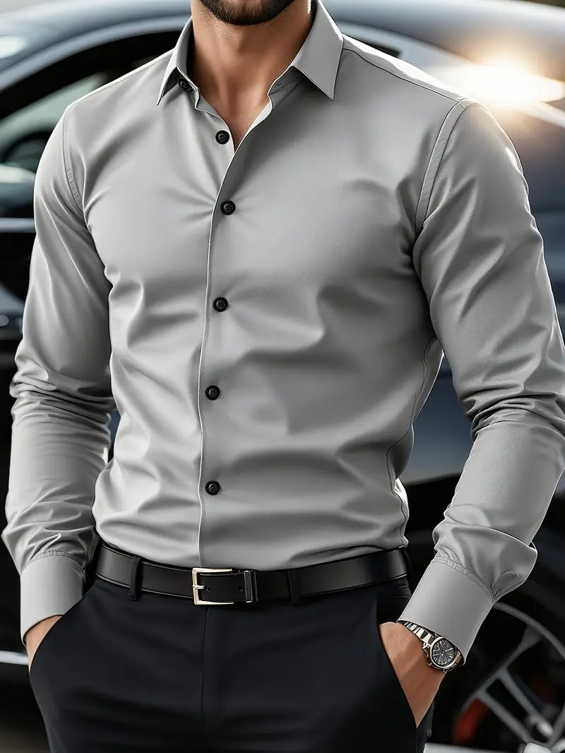 Men's Solid Design Cotton-Blend Dress Shirt