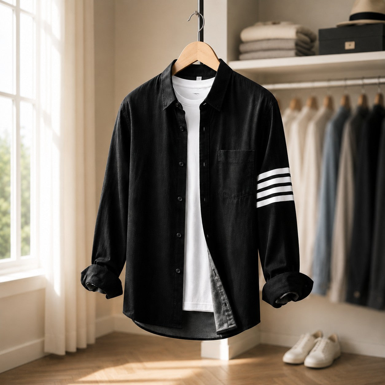Men's Striped Arm Denim Button-Down Shirt