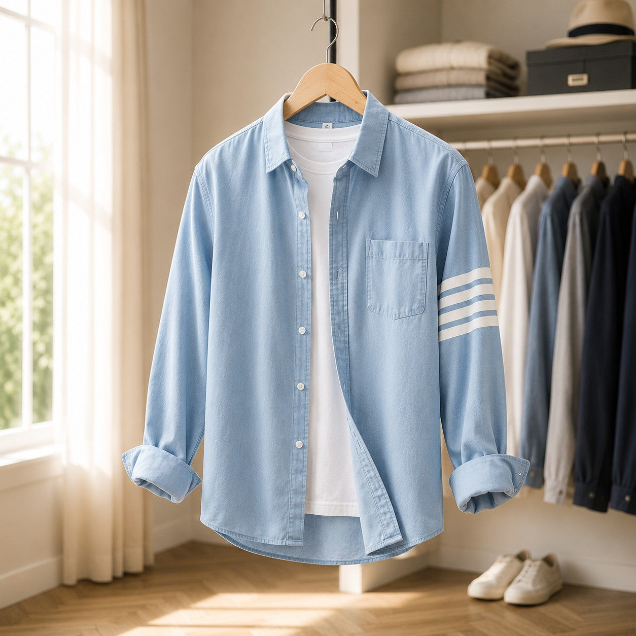Men's Striped Arm Denim Button-Down Shirt