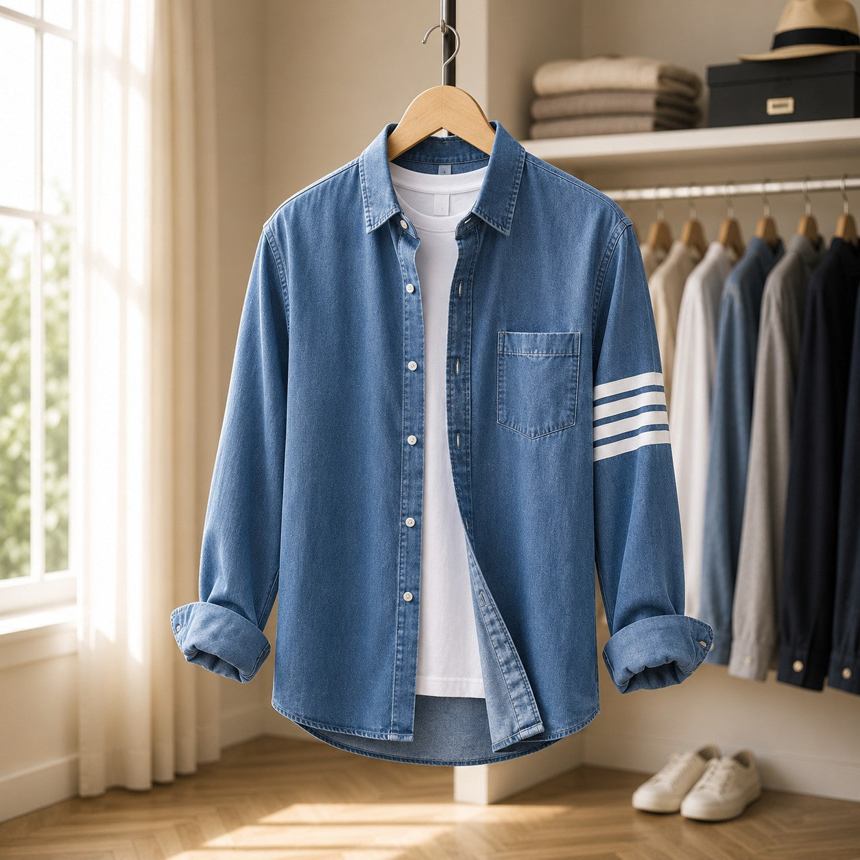 Men's Striped Arm Denim Button-Down Shirt
