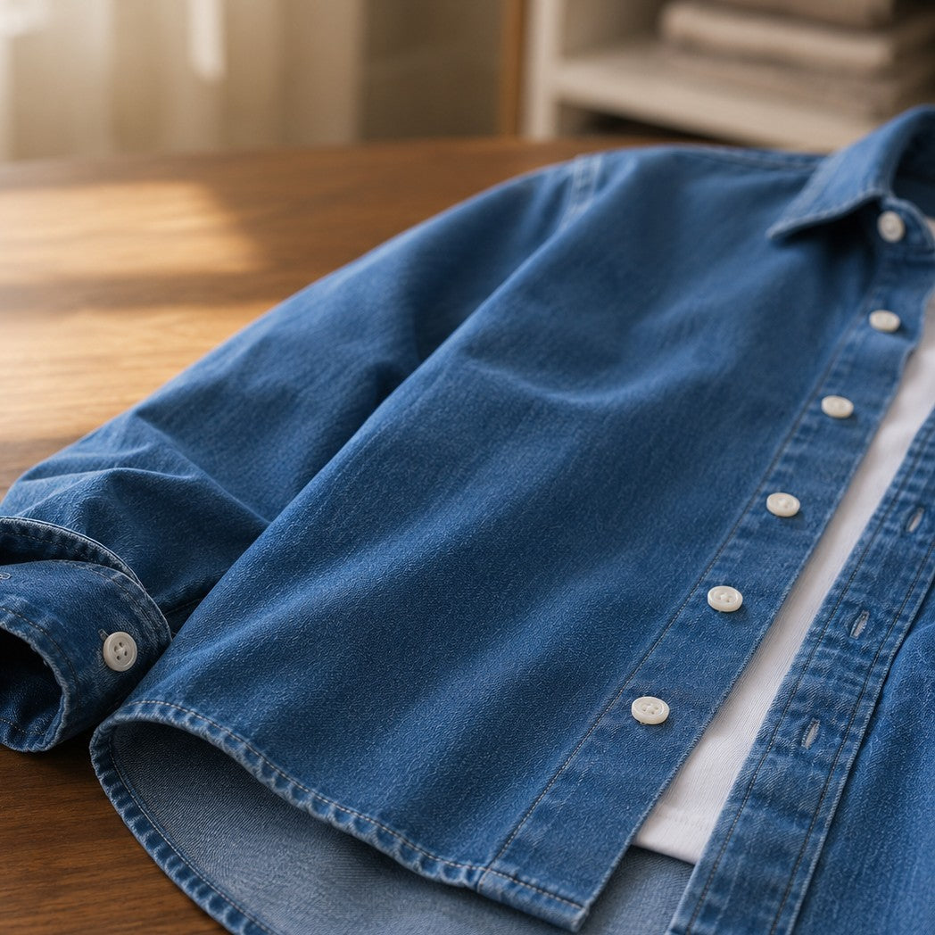 Men's Striped Arm Denim Button-Down Shirt