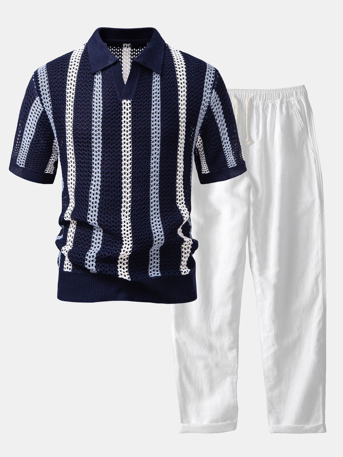 Men's Striped Crochet Knit Polo Shirt and Linen Pants Set