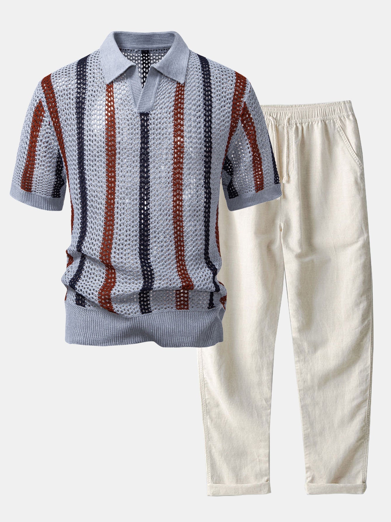 Men's Striped Crochet Knit Polo Shirt and Linen Pants Set