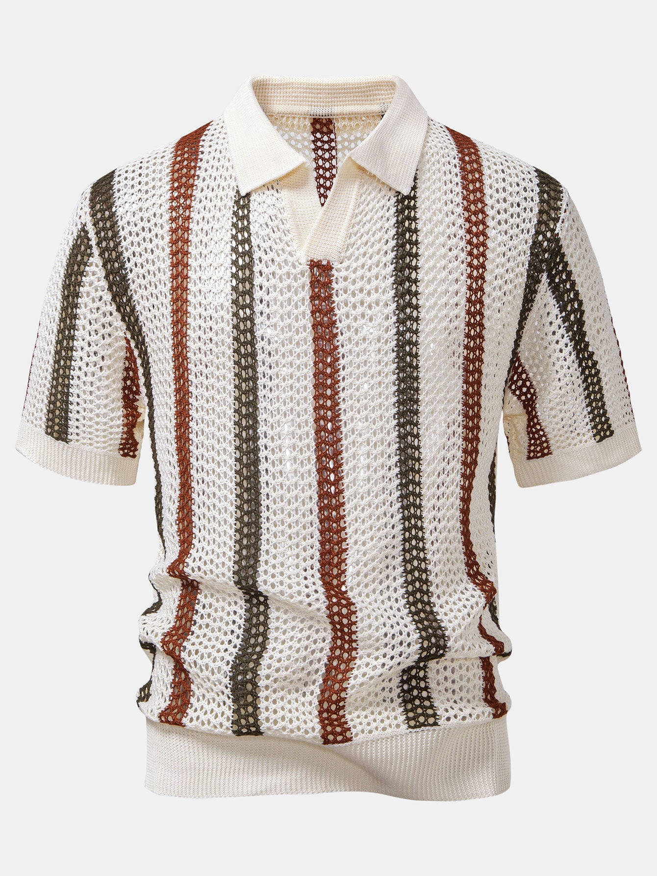Men's Striped Crochet Knit Polo Shirt and Linen Pants Set