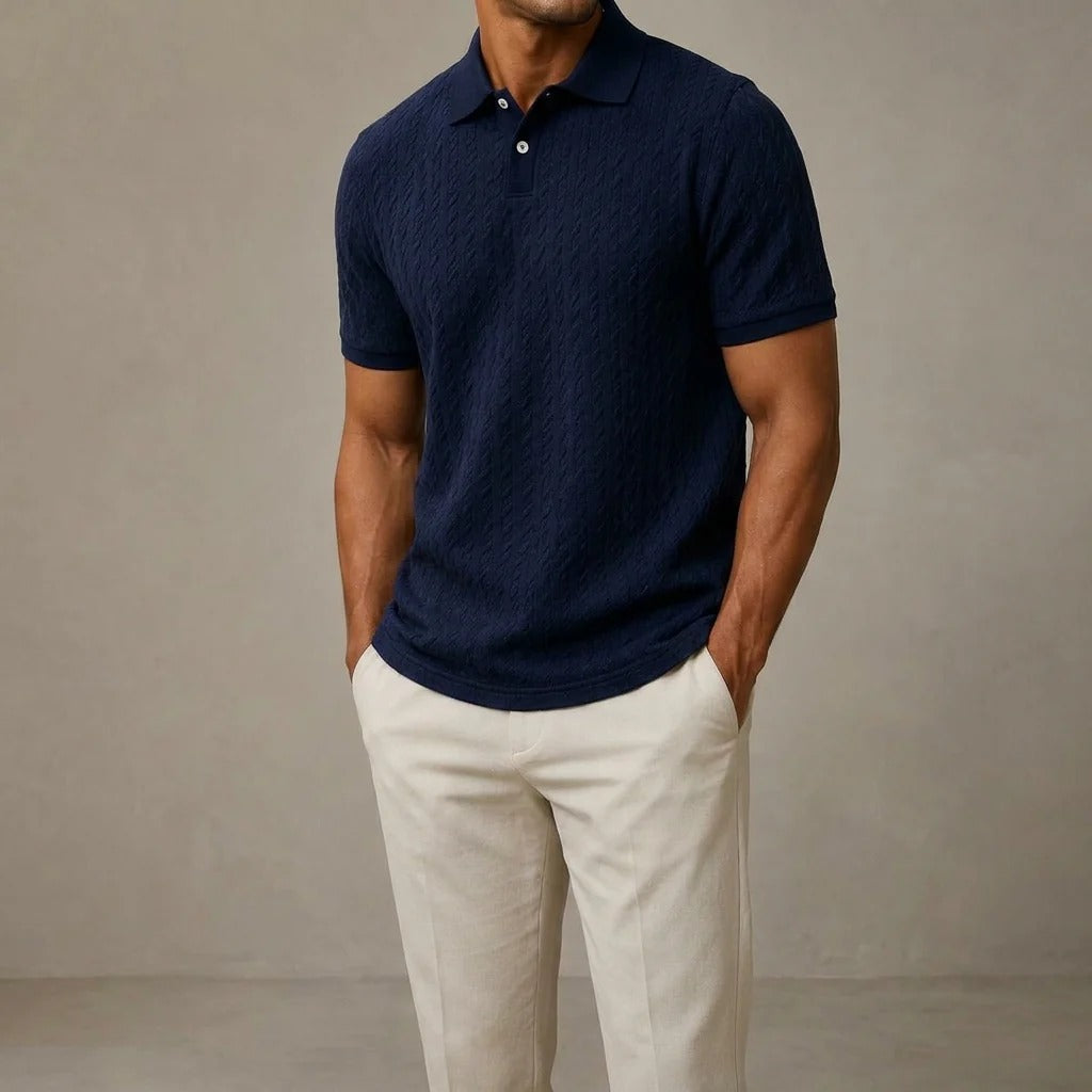 Men's Textured Cable-Knit Long Sleeve Polo Shirt