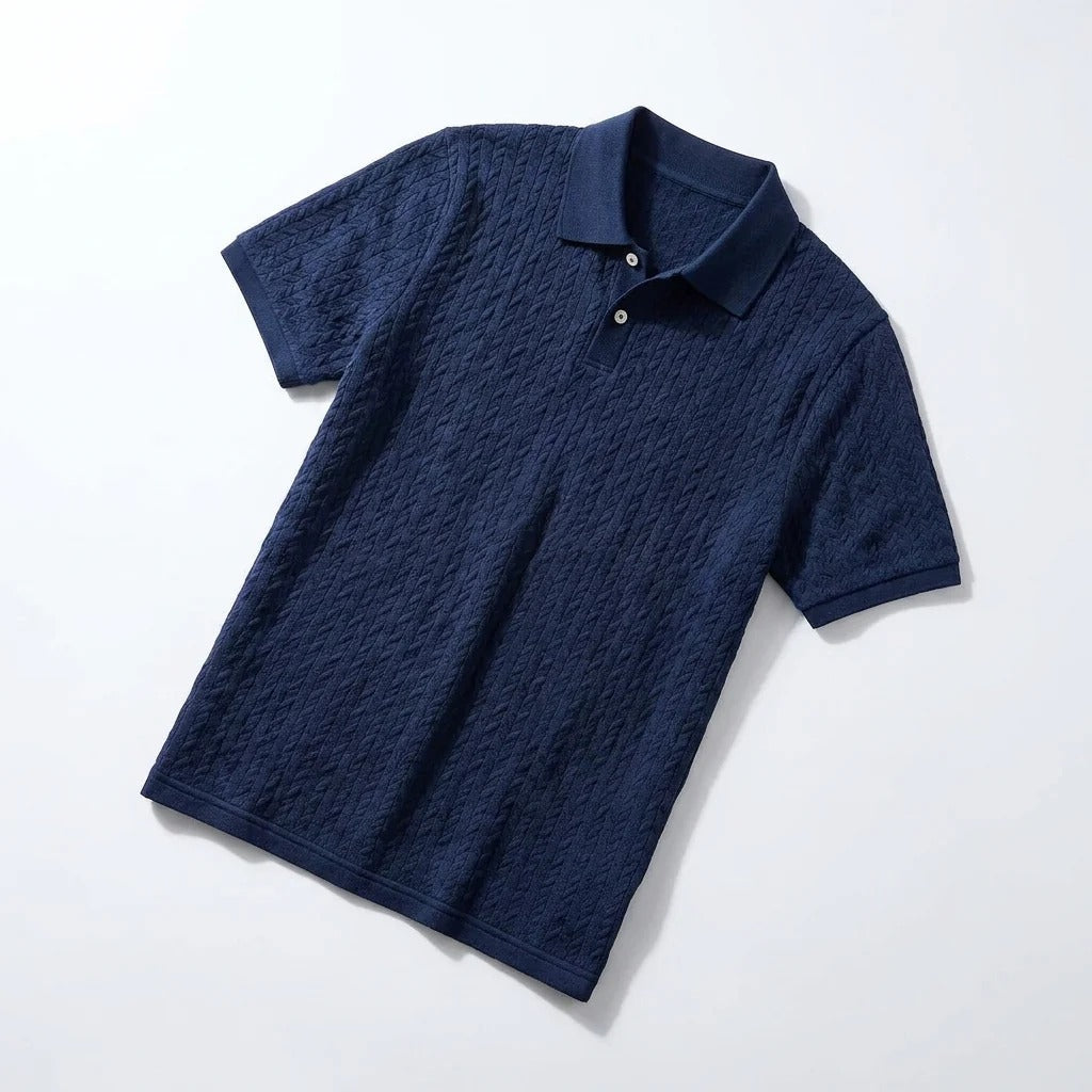 Men's Textured Cable-Knit Long Sleeve Polo Shirt