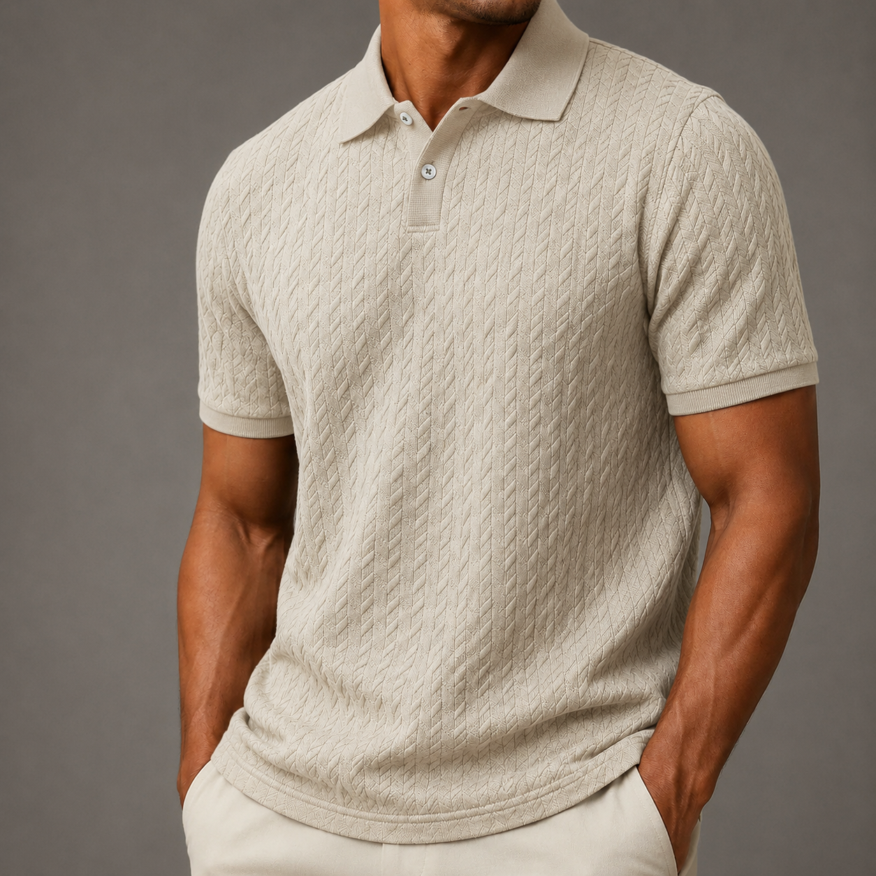 Men's Textured Cable-Knit Long Sleeve Polo Shirt