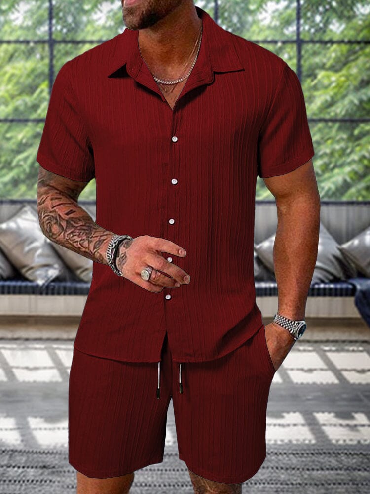 Men's Textured Casual Shorts and Shirt Set