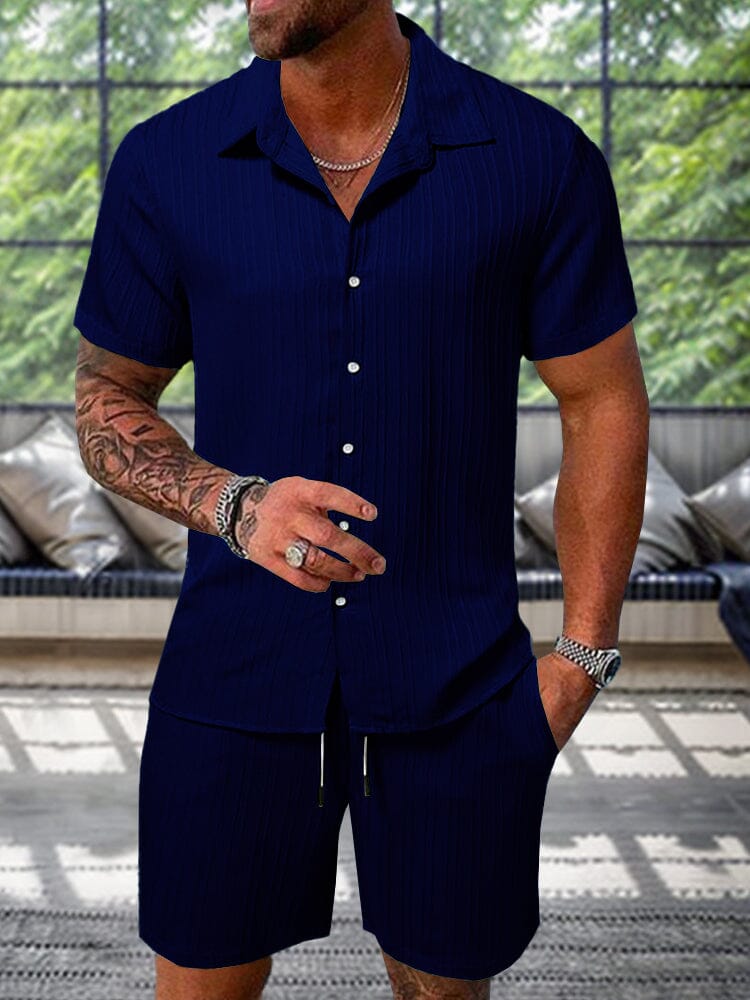 Men's Textured Casual Shorts and Shirt Set