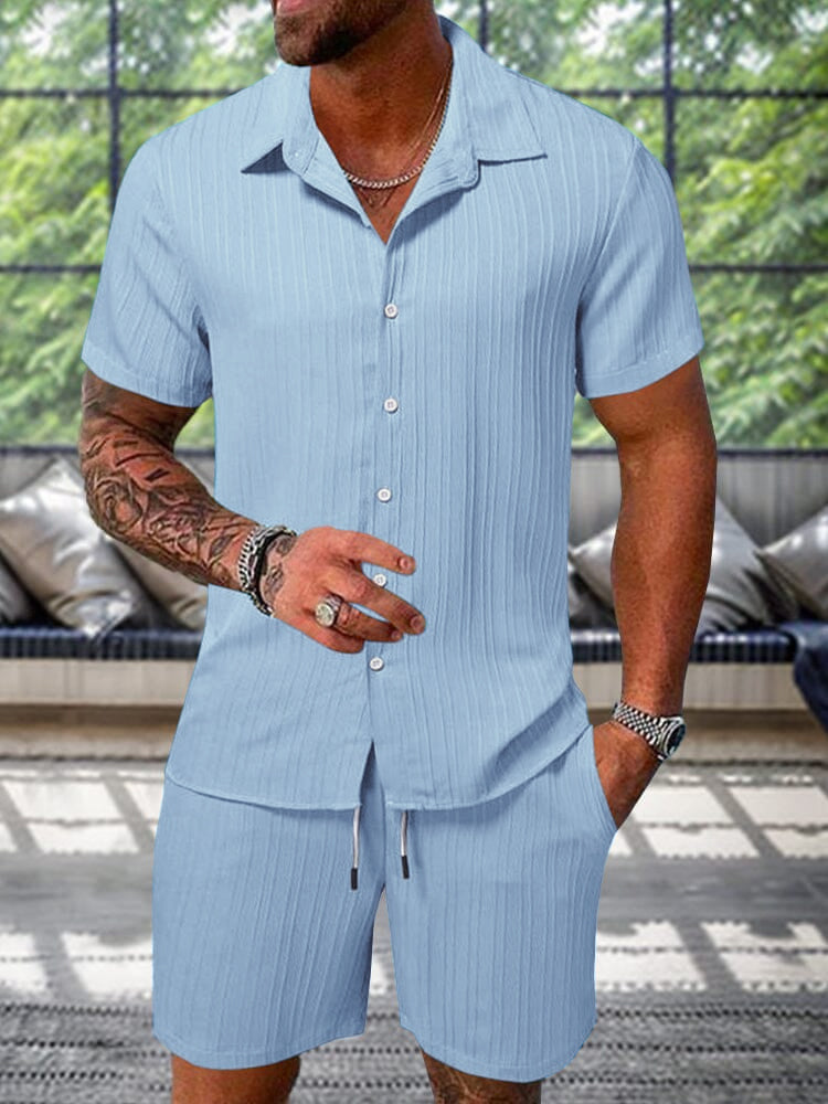 Men's Textured Casual Shorts and Shirt Set