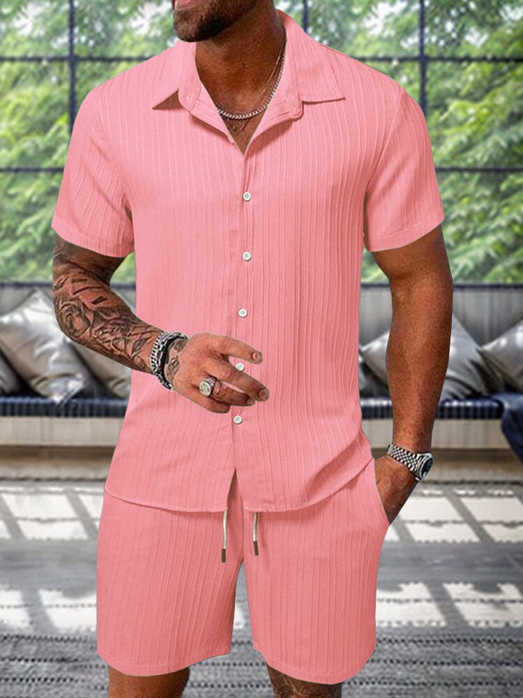 Men's Textured Casual Shorts and Shirt Set