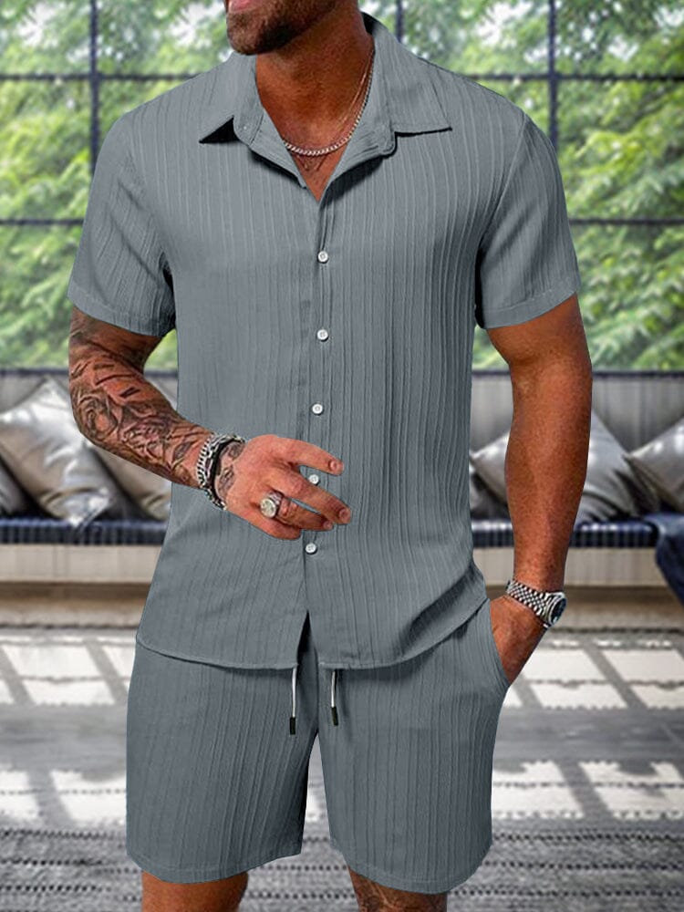 Men's Textured Casual Shorts and Shirt Set