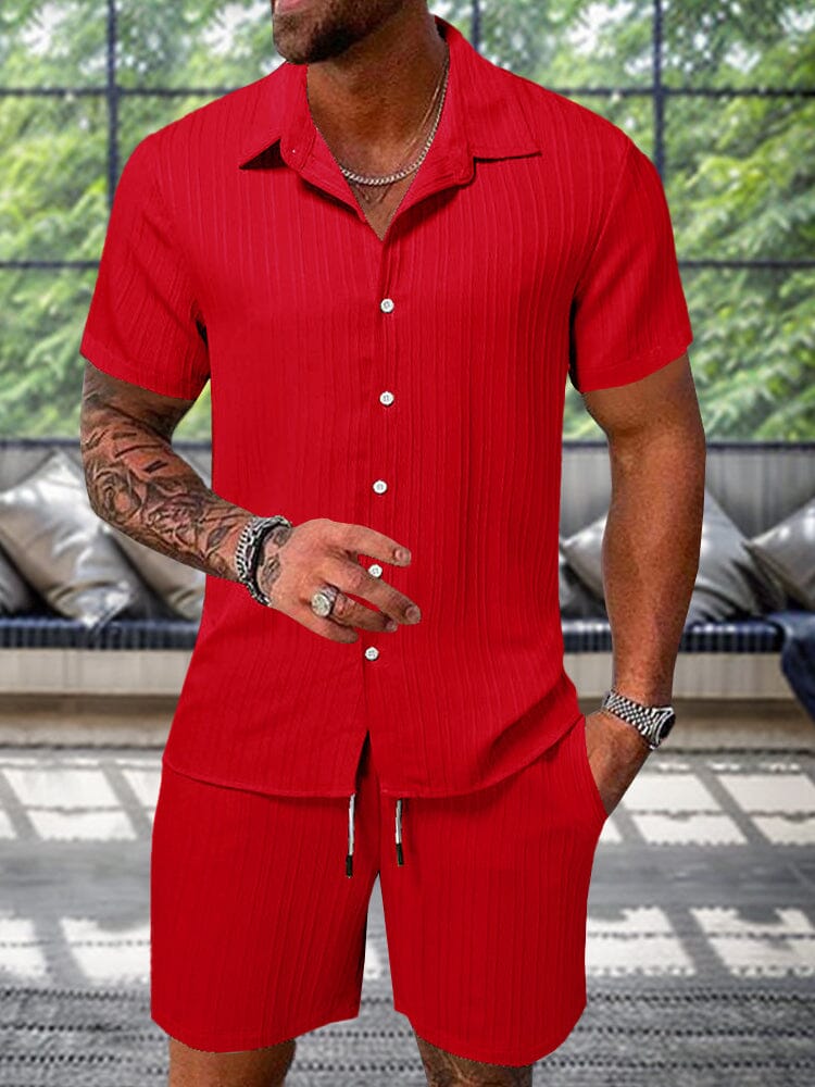 Men's Textured Casual Shorts and Shirt Set