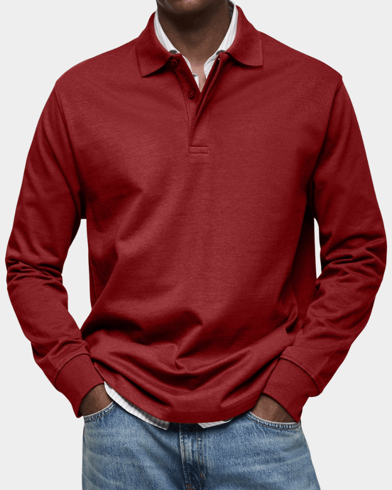 Men's Textured Cotton Long Sleeve Polo Shirt