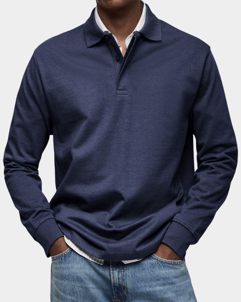 Men's Textured Cotton Long Sleeve Polo Shirt
