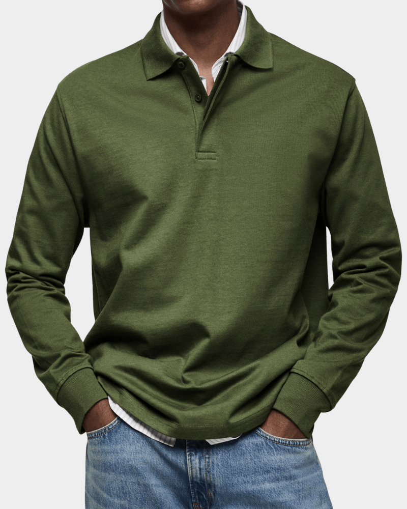 Men's Textured Cotton Long Sleeve Polo Shirt