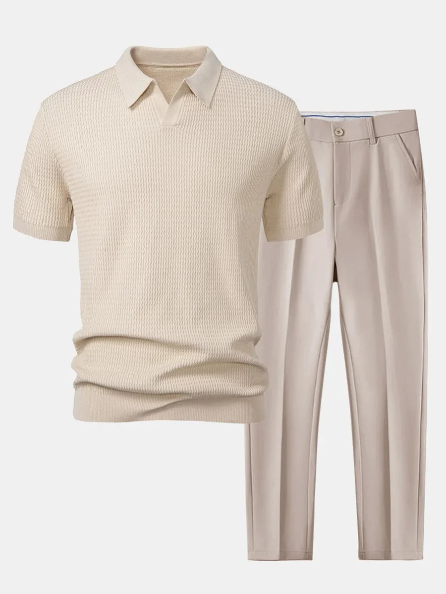 Men's Textured Knit Polo and Tailored Trousers Set