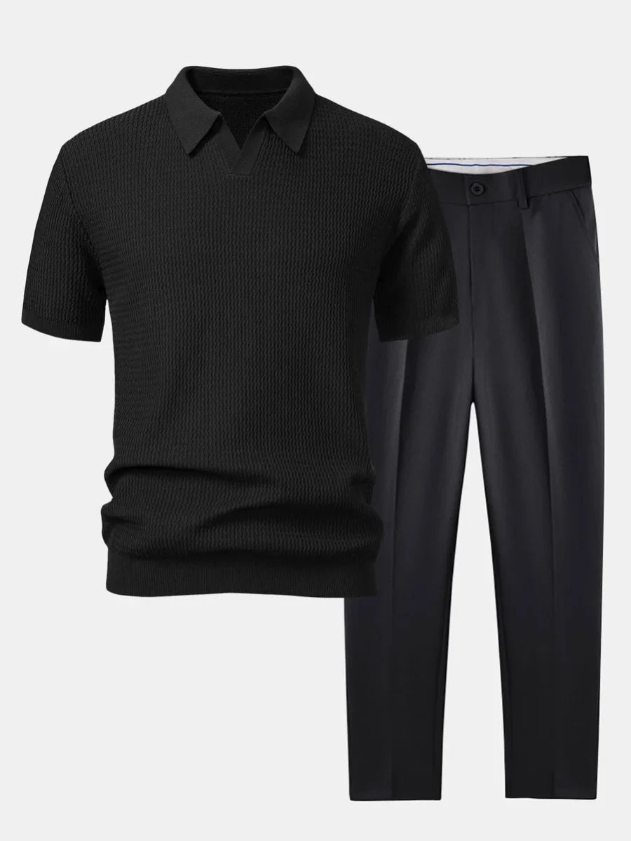 Men's Textured Knit Polo and Tailored Trousers Set