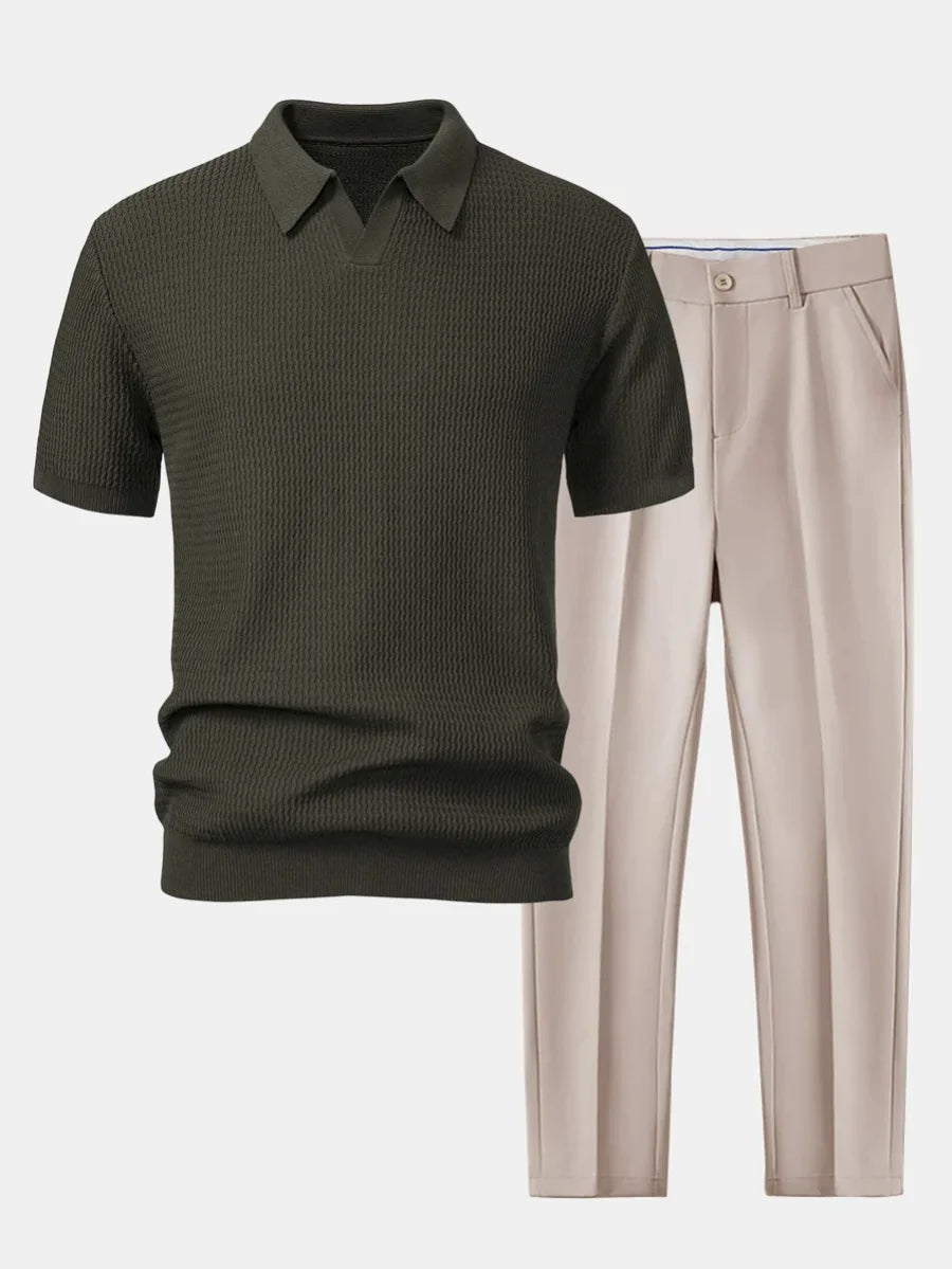 Men's Textured Knit Polo and Tailored Trousers Set